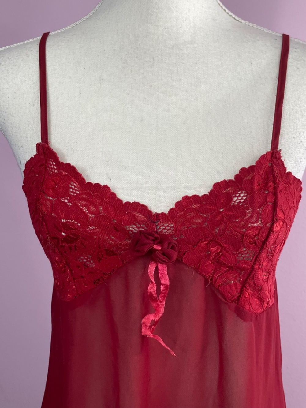 Vintage Lace Mesh Chemise L Slip Dress Burgundy Red Night Floral Babydoll Empire - Picture 3 of 10